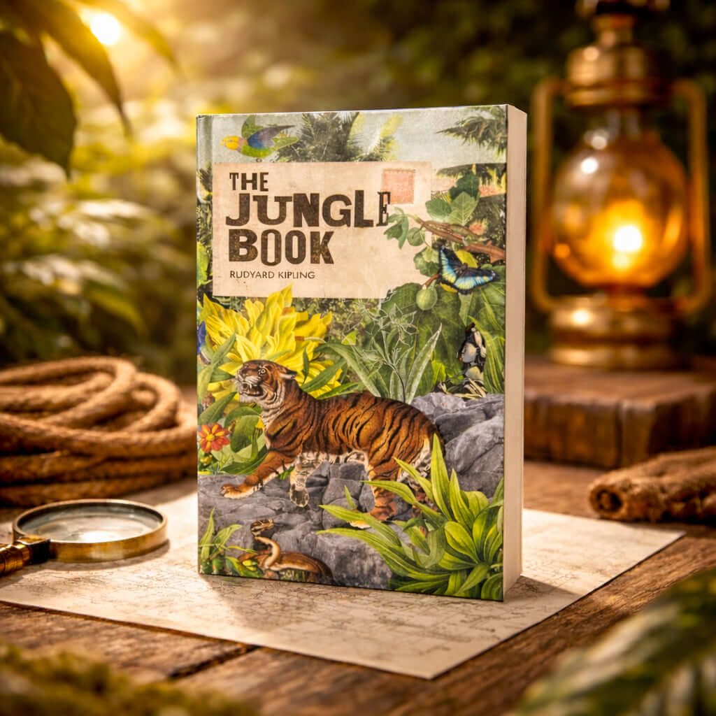 Book titled 'The Jungle Book' with a tiger illustration on a wooden table with a lantern and rope.